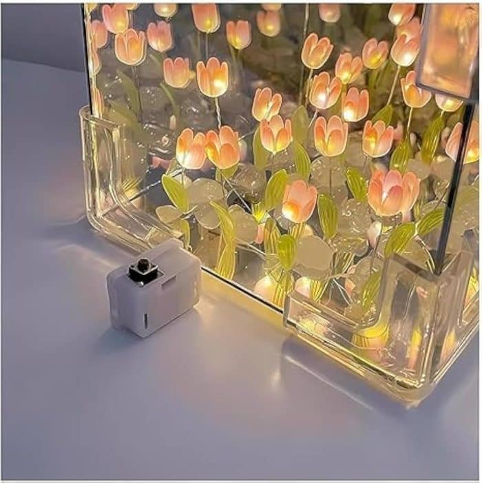 Artificial Tulips in Crystal Box – Handmade DIY Pink Tulip Cube Mirror Lamp, LED Night Light for Bedroom, Unique Flower Table Lamp – (Square)