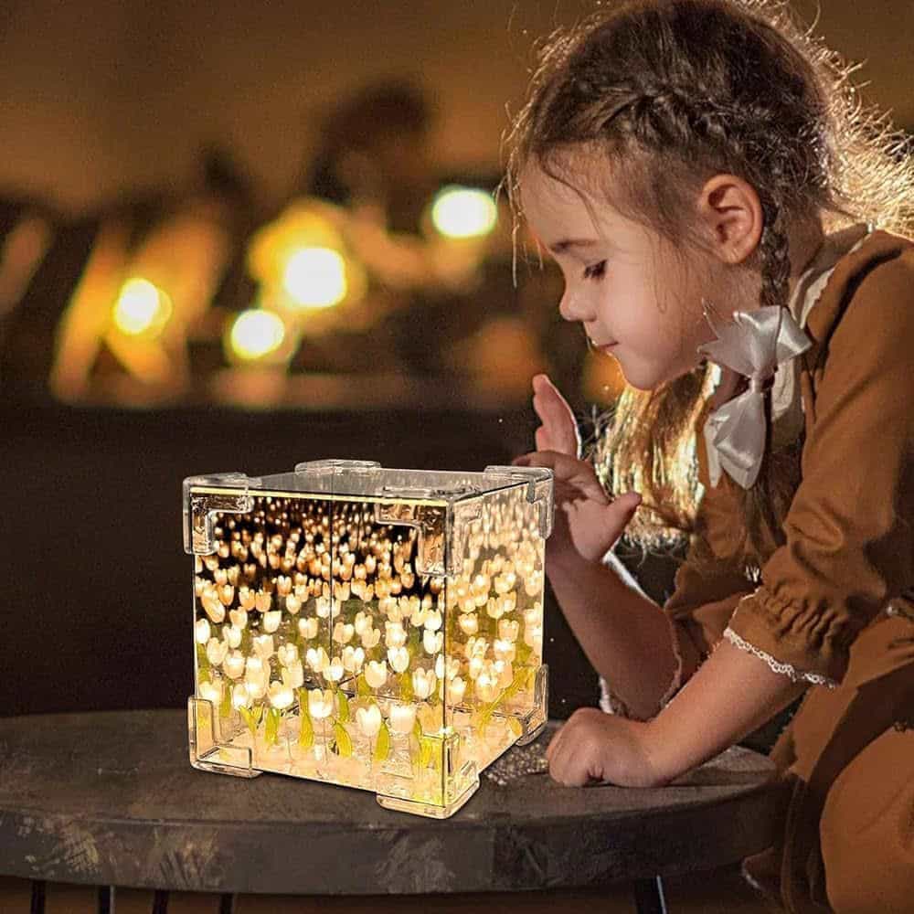 Artificial Tulips in Crystal Box – Handmade DIY Pink Tulip Cube Mirror Lamp, LED Night Light for Bedroom, Unique Flower Table Lamp – (Square)