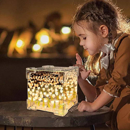 Artificial Tulips in Crystal Box – Handmade DIY Pink Tulip Cube Mirror Lamp, LED Night Light for Bedroom, Unique Flower Table Lamp – (Square)