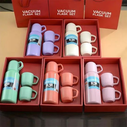 Red Box Vacuum Flask Bottle with 3 Cups and Gift Box Random color