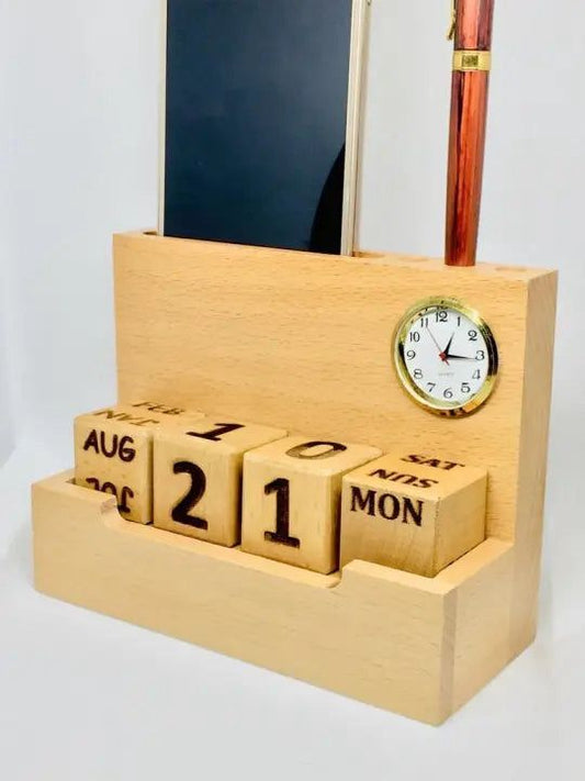 Wooden Pen Stand With Clock Calendar